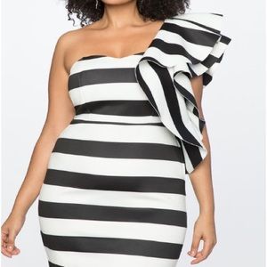 Eloquii Stripped Ruffle Shoulder Strapless Dress